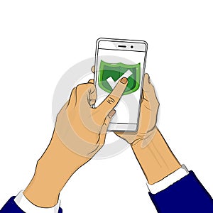 Hand holds smart phone with green shield and a finger touches the screen.