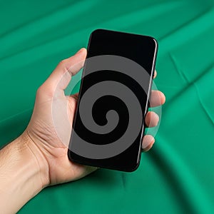 A hand holds a smartphone with a blank, black screen. The phone has a sleek, modern design, and is