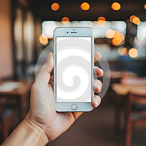 Hand holding smartphone with blank screen, blurred cafÃÂ© or restaurant background photo