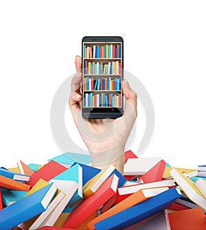 A hand holds a smartphone with a book shelf on the screen. A heap of colourful books. A concept of education and technology. isola