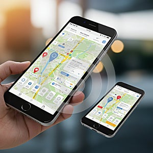 A hand holds a smartphone displaying a digital map interface with a large blue