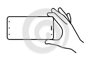 Hand holds smartphone in horizontal position on a white background. template