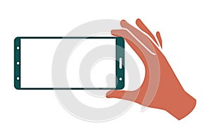 Hand holds smartphone in horizontal position on a white background. template