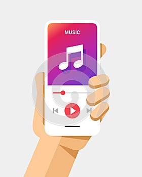 Hand holds the smartphone with music player application. Flat vector modern phone mock-up illustration