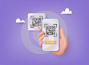 Hand holds smartphone and push button to scans qr code for online payment. 3D Web Vector Illustrations