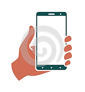 Hand holds smartphone upright on a white background. Colored template