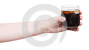 Hand holds soft drink with ice in glass