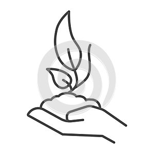 Hand holds sprout in soil thin line icon, ecology concept, seedling with handful of soil on hand sign on white