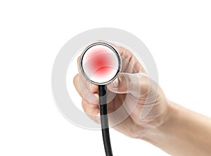 The hand holds a stethoscope. Close up. Isolated on a white background