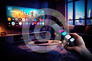 A hand holds a streaming service with a remote control against the background of a TV with a choice of streaming