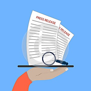 Hand holds a tablet. Modern Press Release Concept For Web, On-Line News. Flat Design.