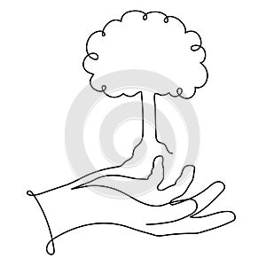 Hand holds tree,one line art,hand drawn continuous contour.Green energy idea concept.Sign of environmental friendliness.Decoration