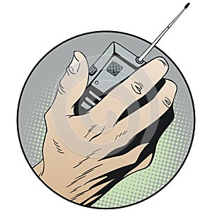 Hand holds walkie-talkie. Illustration for internet and mobile website