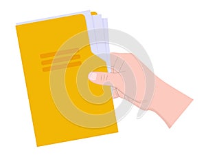 Hand holds a yellow folder with documents.