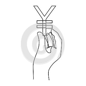 Hand holds yen sign,one line art,continuous contour drawing, hand-drawn line icon for business,minimalist design.Financial valuta photo