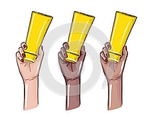 Hand holiding cream bottle illustration, Women arm with beauty treatment products. VEctor  international design
