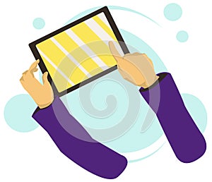 Hand holing a tablet, touching blank screen.