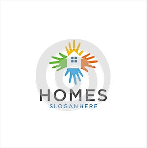 Hand Home Care Logo Design Colorful . Real Estate Hand Logo Template ColourFull Illustration. House Hand Logo Design .