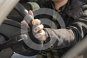 Hand on horn. Man Drive a new car. New Design. Man and His Car. Use Horn. man with painted nails. Design of male nails. men