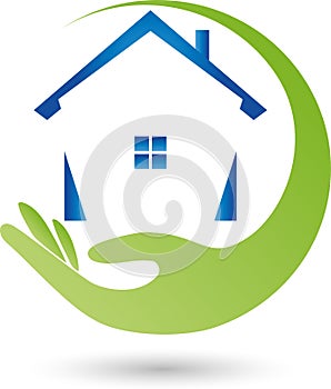 Hand and house, real estate agent logo