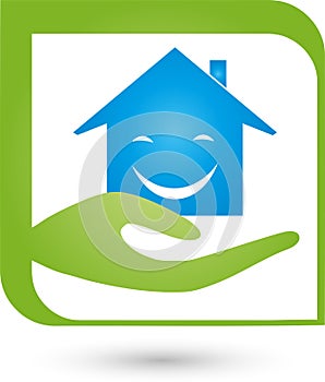 Hand and house, real estate and house management logo