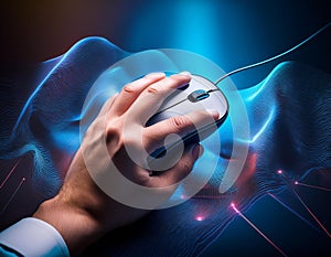 A hand hovers over a computer mouse, symbolizing the ever-present connection to technology and the digital world photo