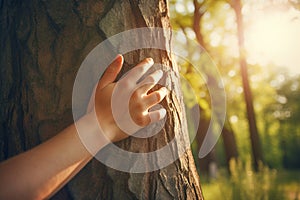 Hand hugs a tree trunk in the forest. Concept for protection against deforestation, climate change and pollution. Generative AI