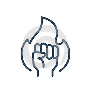 Hand human fist motivating, spirit or protesting with fire flame line style icon