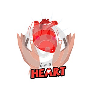 Hand with Human heart. hope and organ donation concept. logotype