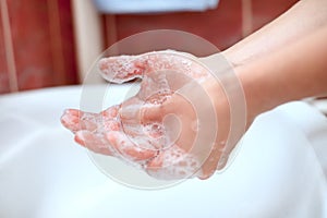 Hand hygiene. Soapy hands cleaning.