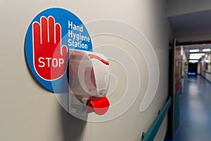 Hand hygiene station in a hospital hall way