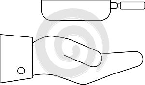 Hand Holding Frying Pan Outline Icon, Cooking Concept
