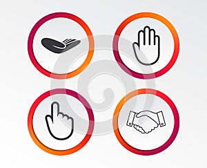 Hand icons. Handshake and click here symbols.
