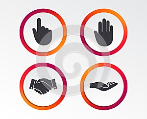 Hand icons. Handshake and click here symbols.