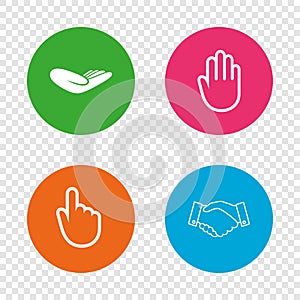 Hand icons. Handshake and click here symbols.