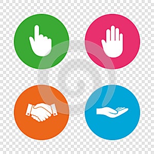 Hand icons. Handshake and click here symbols.