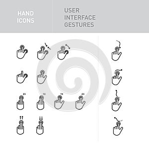 Hand icons with user interface gestures on white