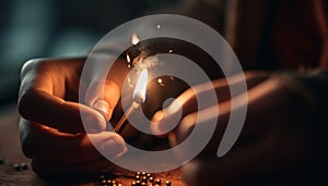 Hand igniting candle, glowing flame illuminates spirituality generative AI