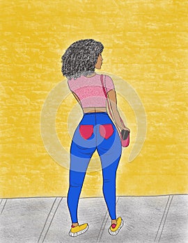 Hand Illustration of a back view afro woman with curcy body on the street