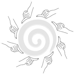 Black and white logo on white background, eight hands pointing at each other. Hand with index finger. Sketch hand, the