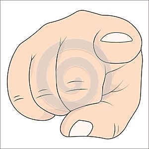 Hand with index finger pointing at the viewer. Vector pointing finger hand forefinger