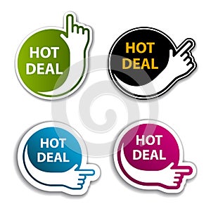 Hand indicating hot deal stickers photo