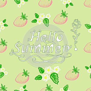Hand Inscription lettering hello summer with strawberries and fl