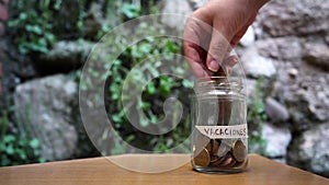 A hand inserting coins into a glass jar with more coins inside and labeled `Holidays` on a background of wood, plants and stone.