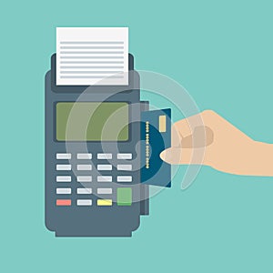 Hand inserting credit card to a POS terminal. Payment terminal . Flat design vector