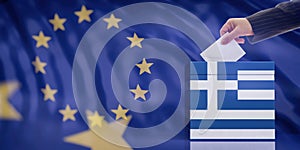 Hand inserting an envelope in a Greece flag ballot box on European Union flag background. 3d illustration photo