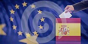 Hand inserting an envelope in a Spain flag ballot box on European Union flag background. 3d illustration