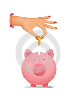 Hand inserting golden coin into the piggy bank. Saving money concept.