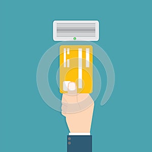 Hand inserts a credit card into ATM. Vector illustration