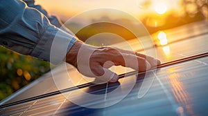 The hand on solar panel.AI generated